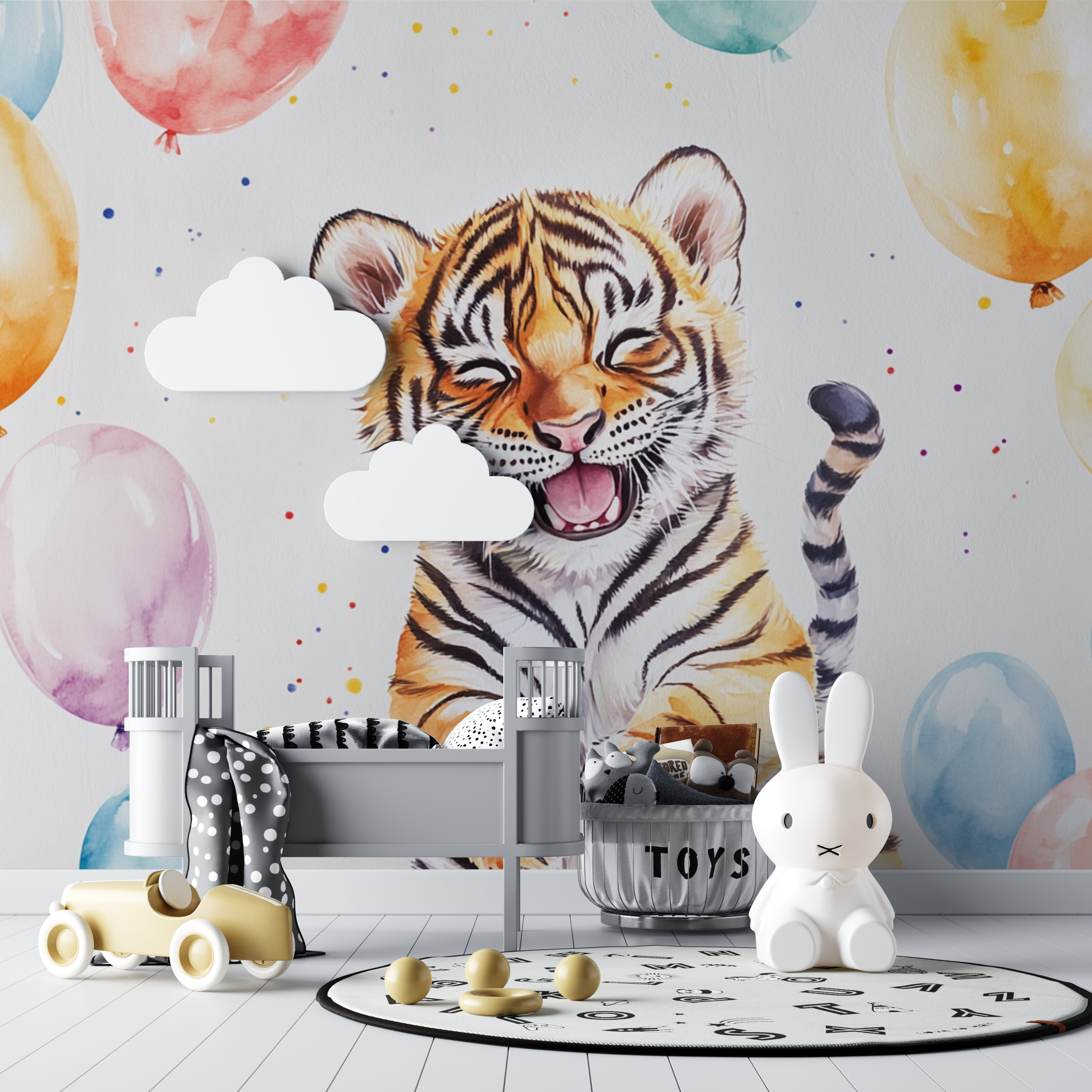 Papier peint tigre et ballons colores bebe tipi