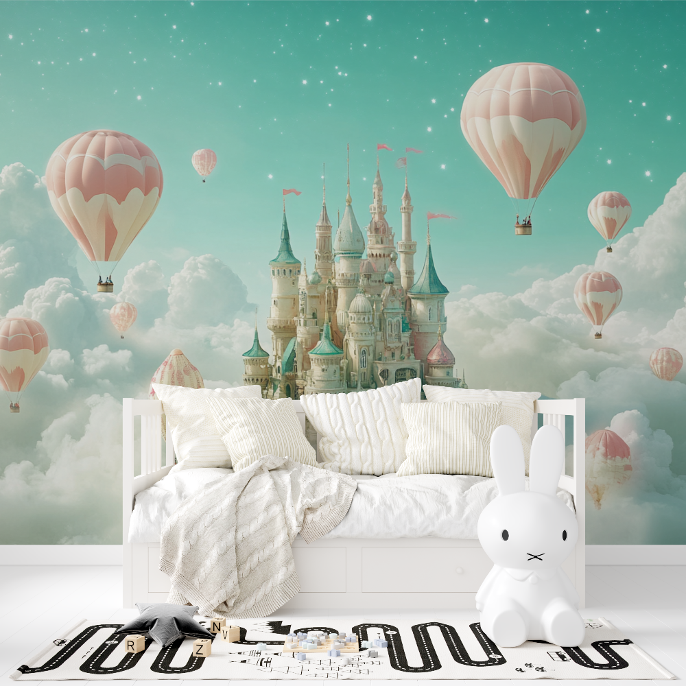 Papier peint princesse ciel vert et chateau tapisserie fille