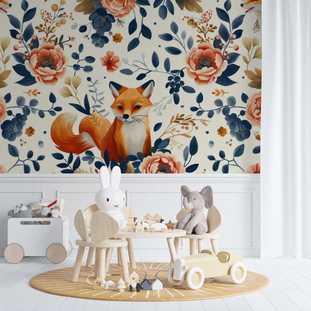 Papier peint renard floral vintage chambre de bebe