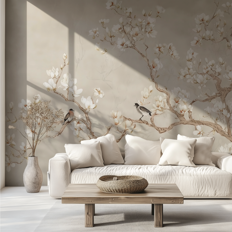 Tree branch beige mural wallpaper canape tendance