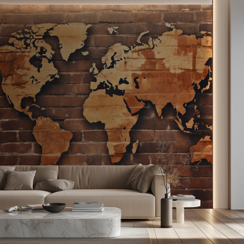 Papier peint carte du monde brique bois canape neon
