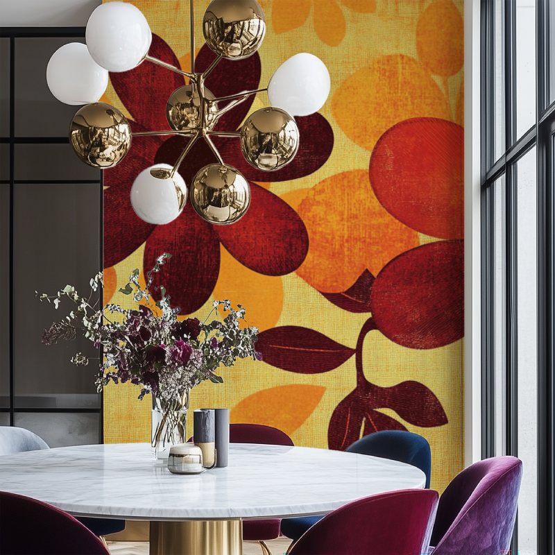 Papier peint vintage fleurs orange marron salon chaise