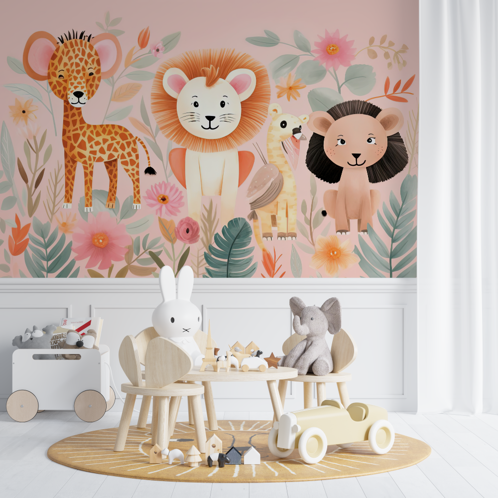 Papier peint lion tropicale rose chambre de bebe