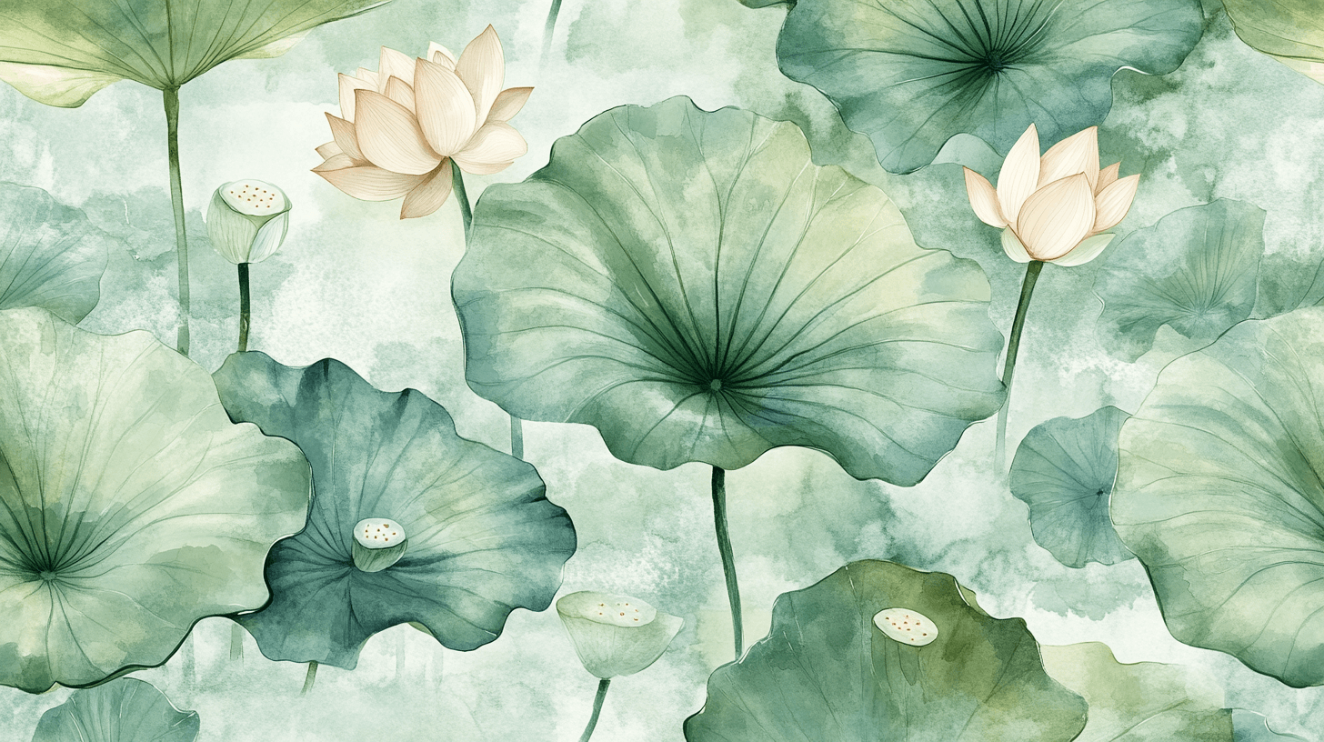 Papier Peint Aquarelle Feuilles De Lotus Pastel