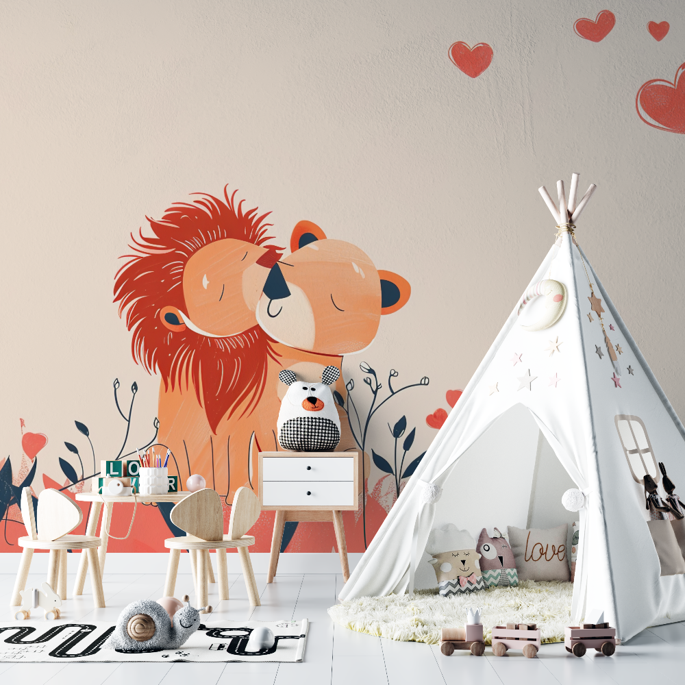 Papier peint lion couple mignon chambre bebe