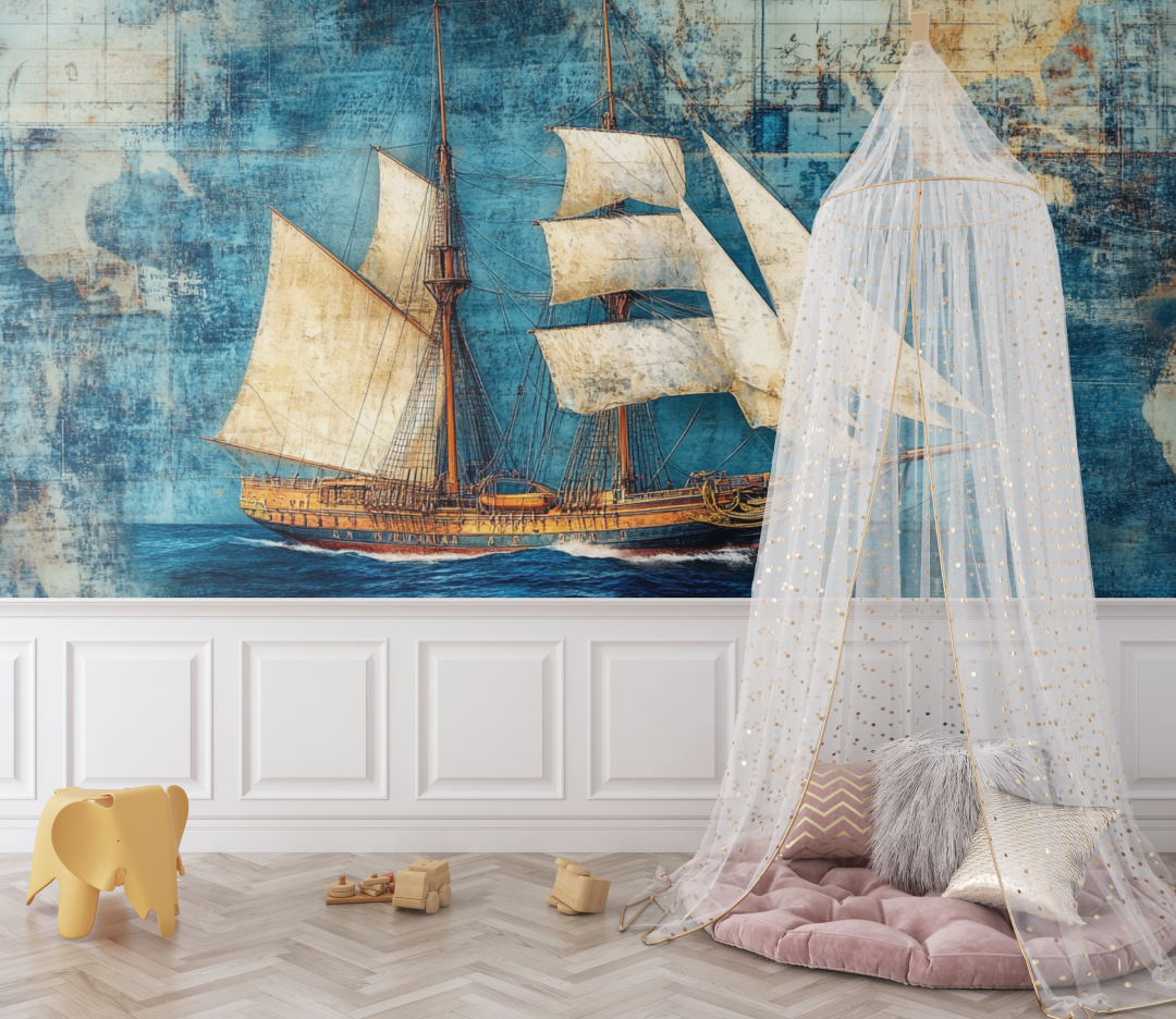 Papier peint marin voilier retro bebe