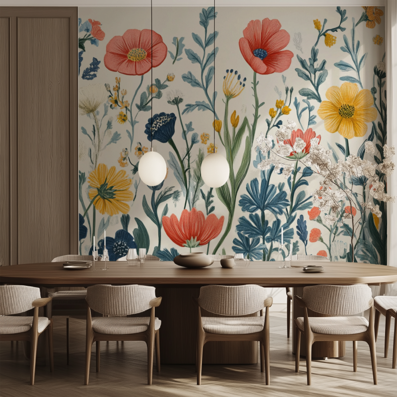 Papier peint fleur naives salle manger tendance