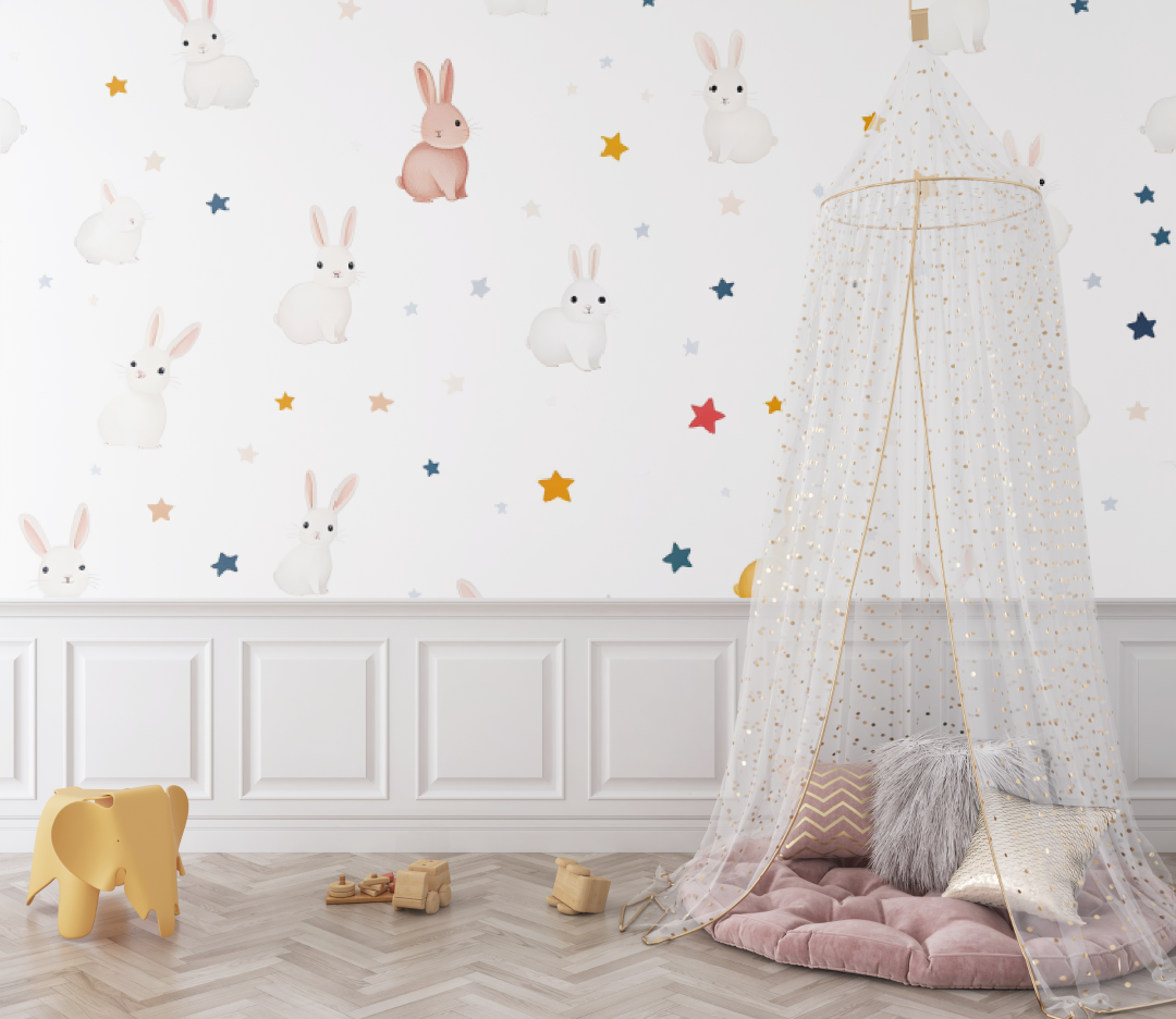 Papier peint bébé lapins motifs - chambre de bebe
