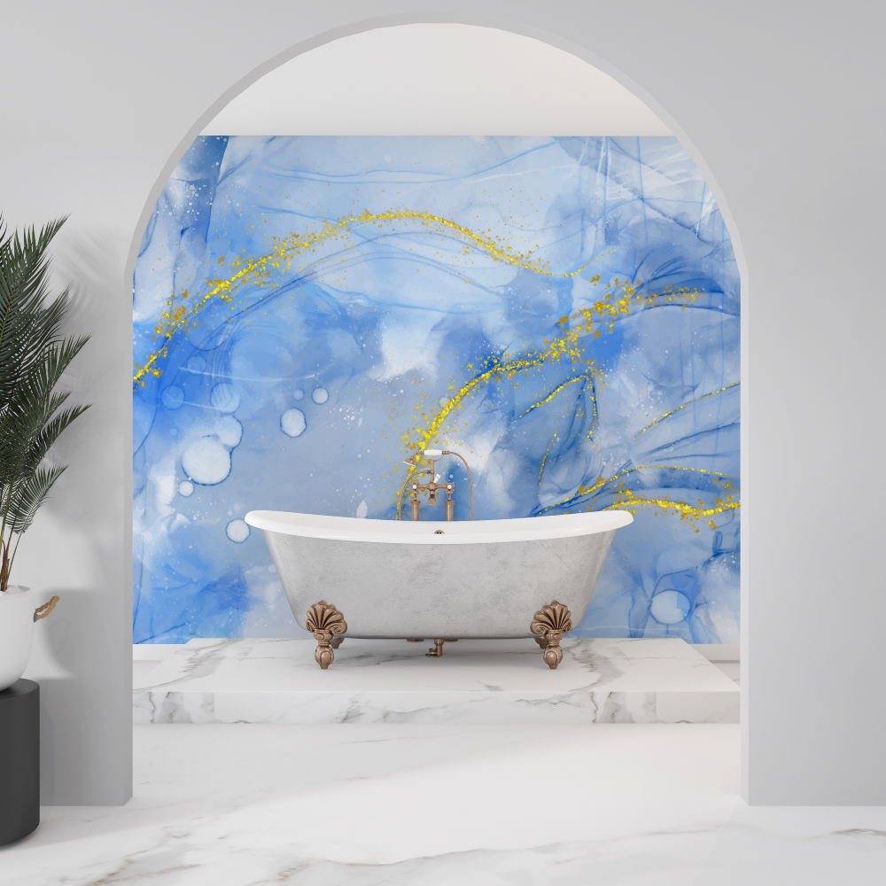 Papier peint abstrait bleu salle de bain sdb