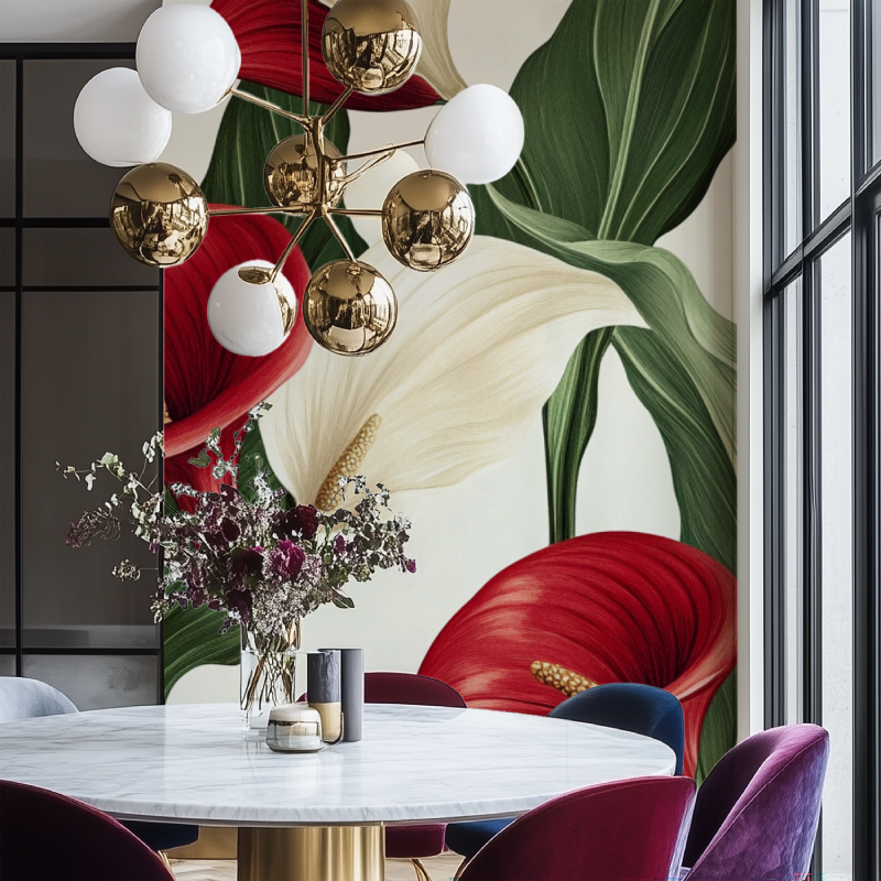 Papier peint fleur calla rouge salon chaise