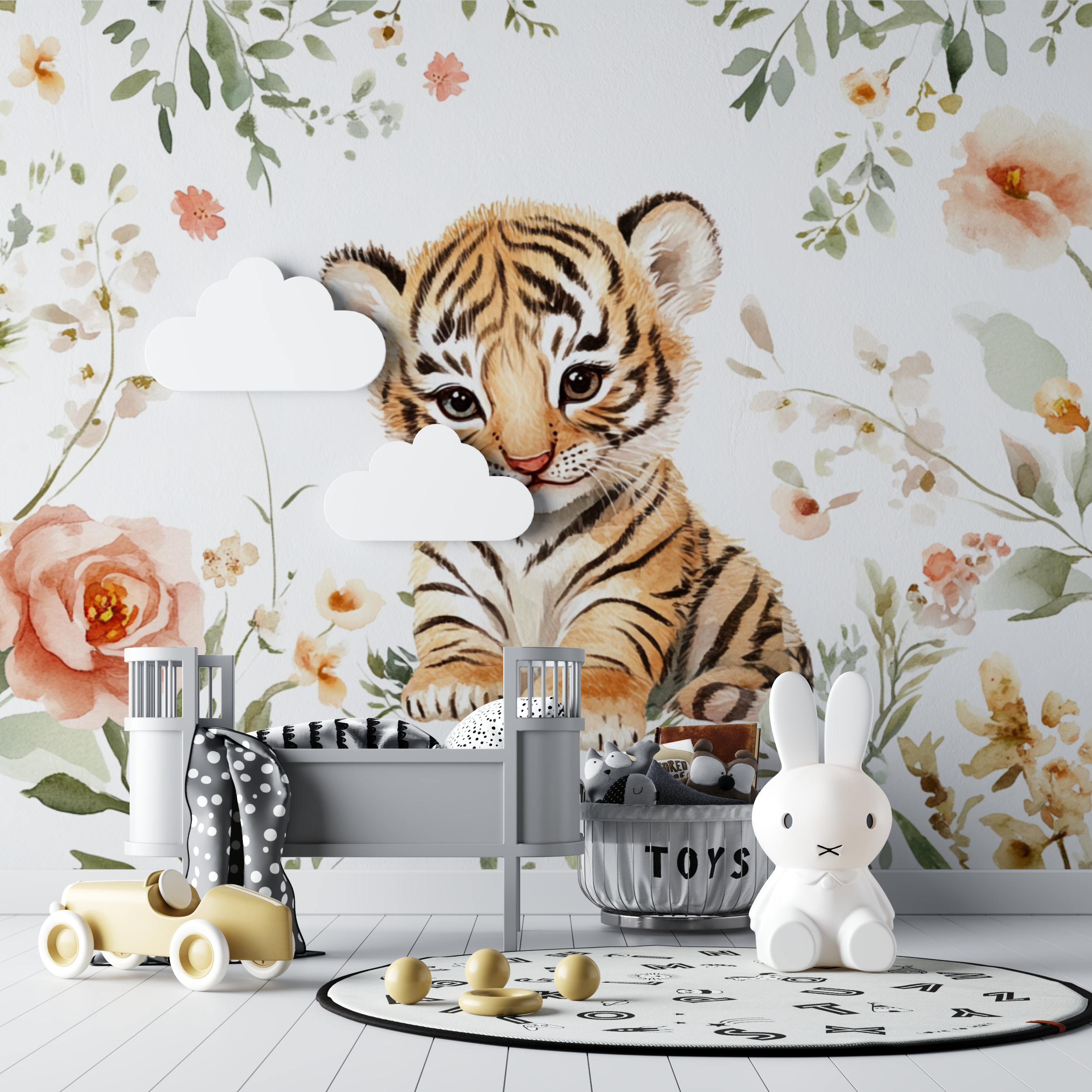 Papier peint tigre et fleurs sauvages bebe tipi