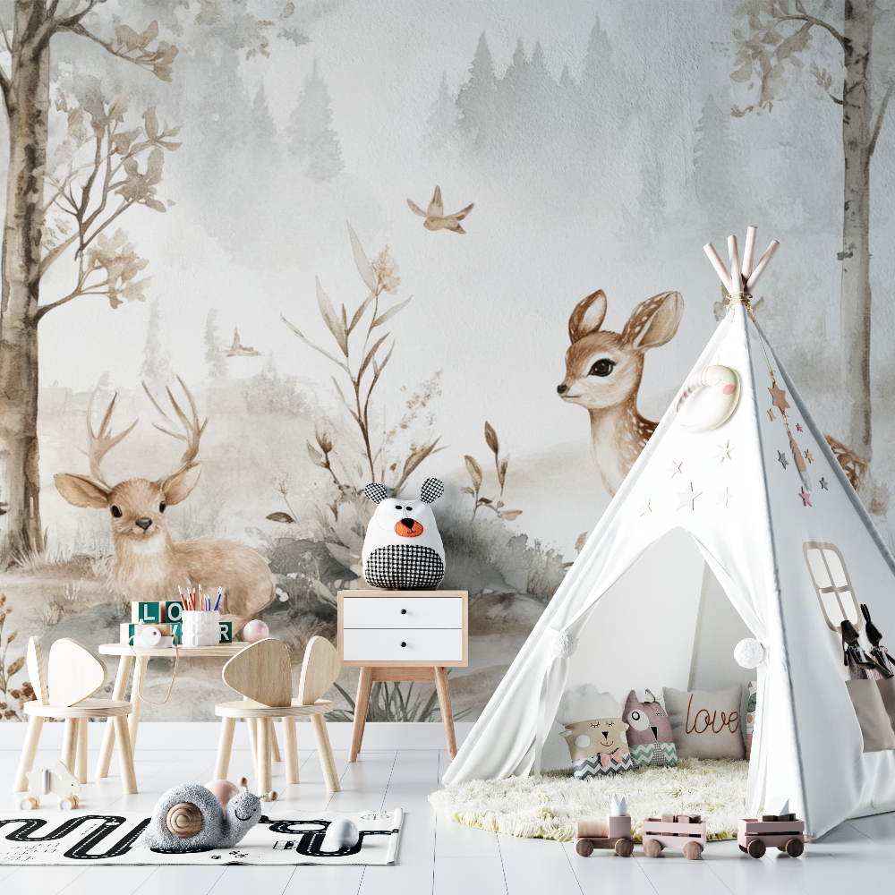 Papier peint biche et foret chambre bebe