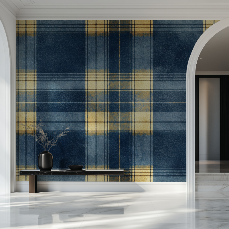 Papier peint vintage tartan bleu jaune salon beau