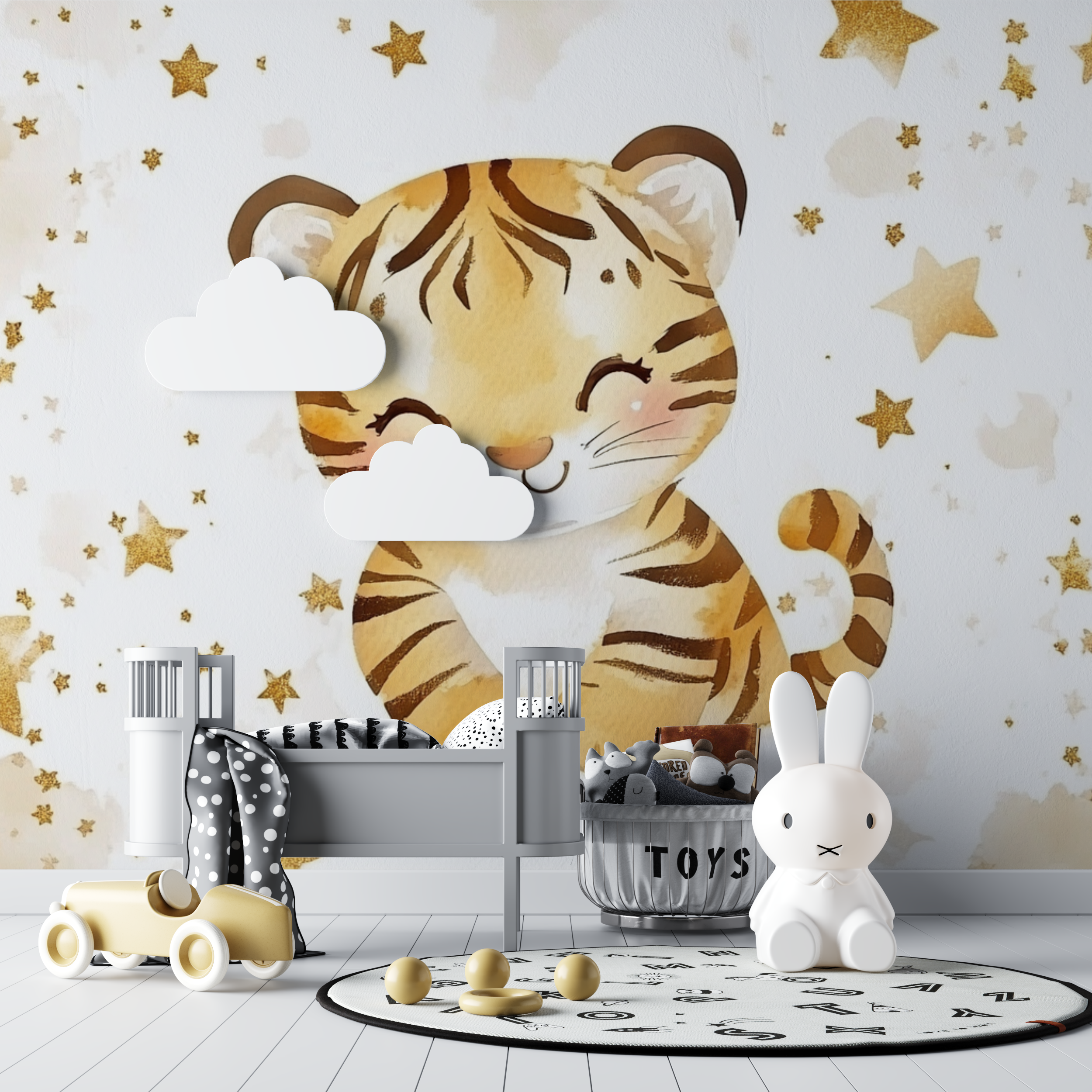 Papier peint tigre et etoiles dorees bebe tipi