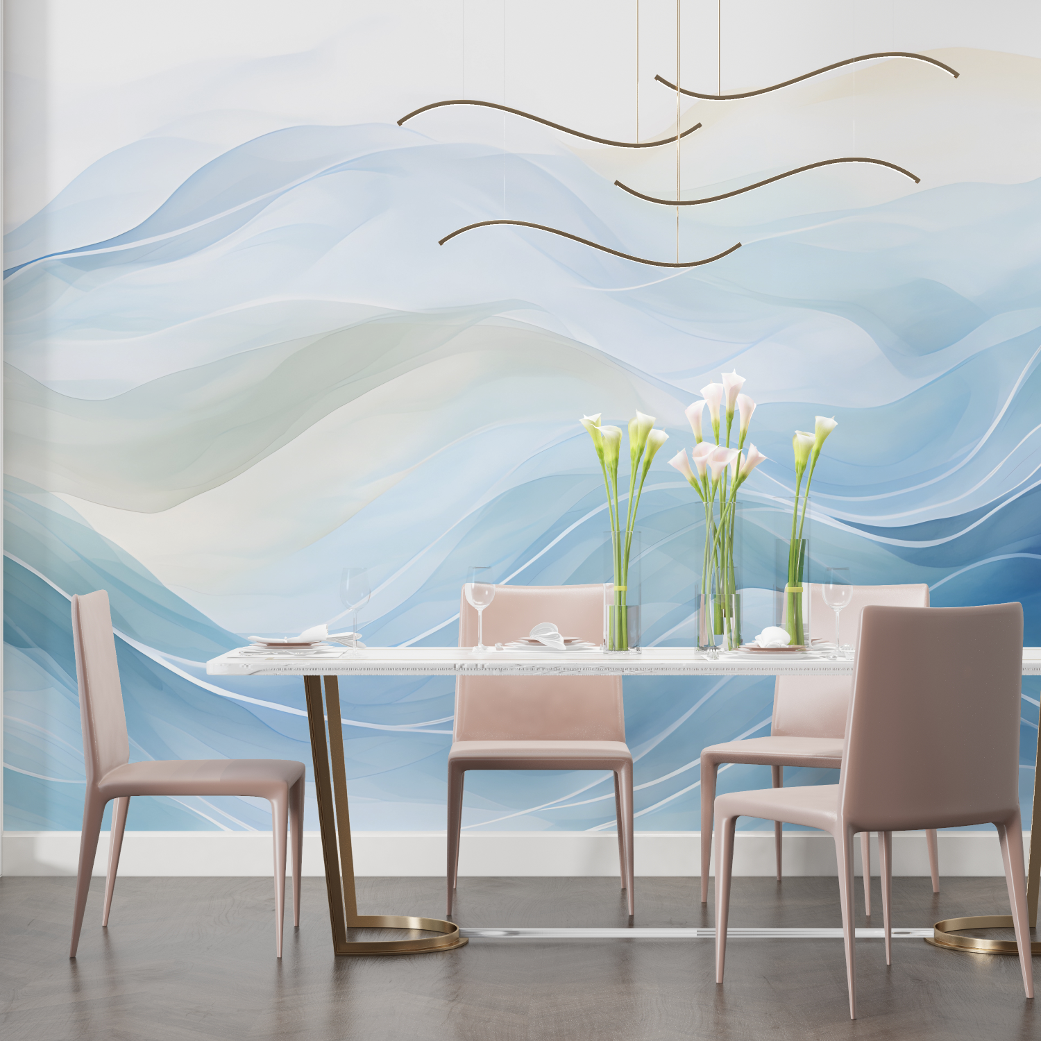 Papier peint aquarelle vague bleu salon