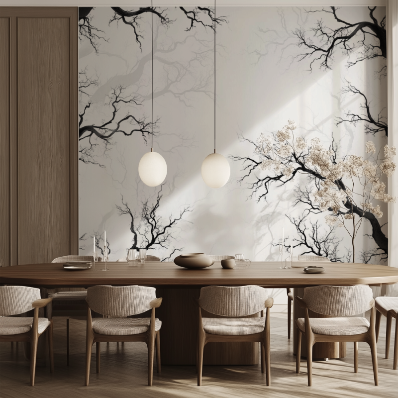 Papier peint arbre noir et banc salle manger tendance