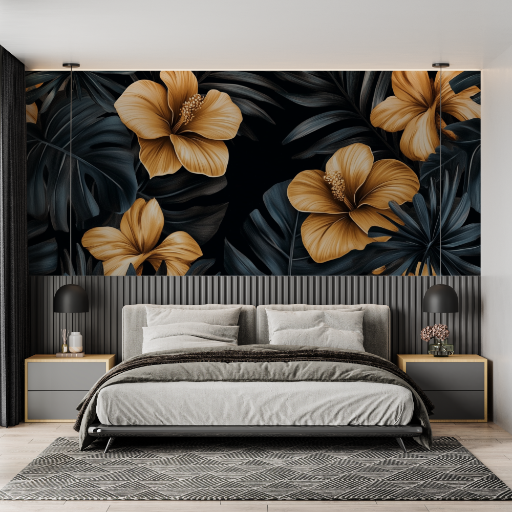 Papier peint fleur de palmier dorees chambre adulte tendance