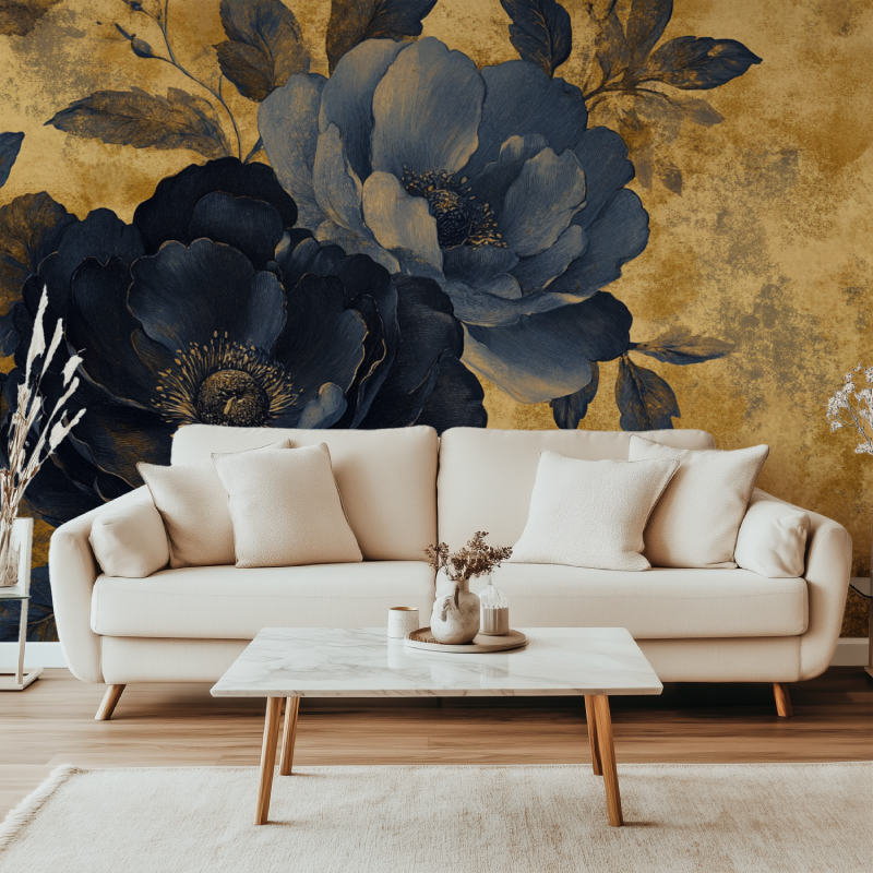 Papier peint noir moutarde bleu fleur vintage canape simple