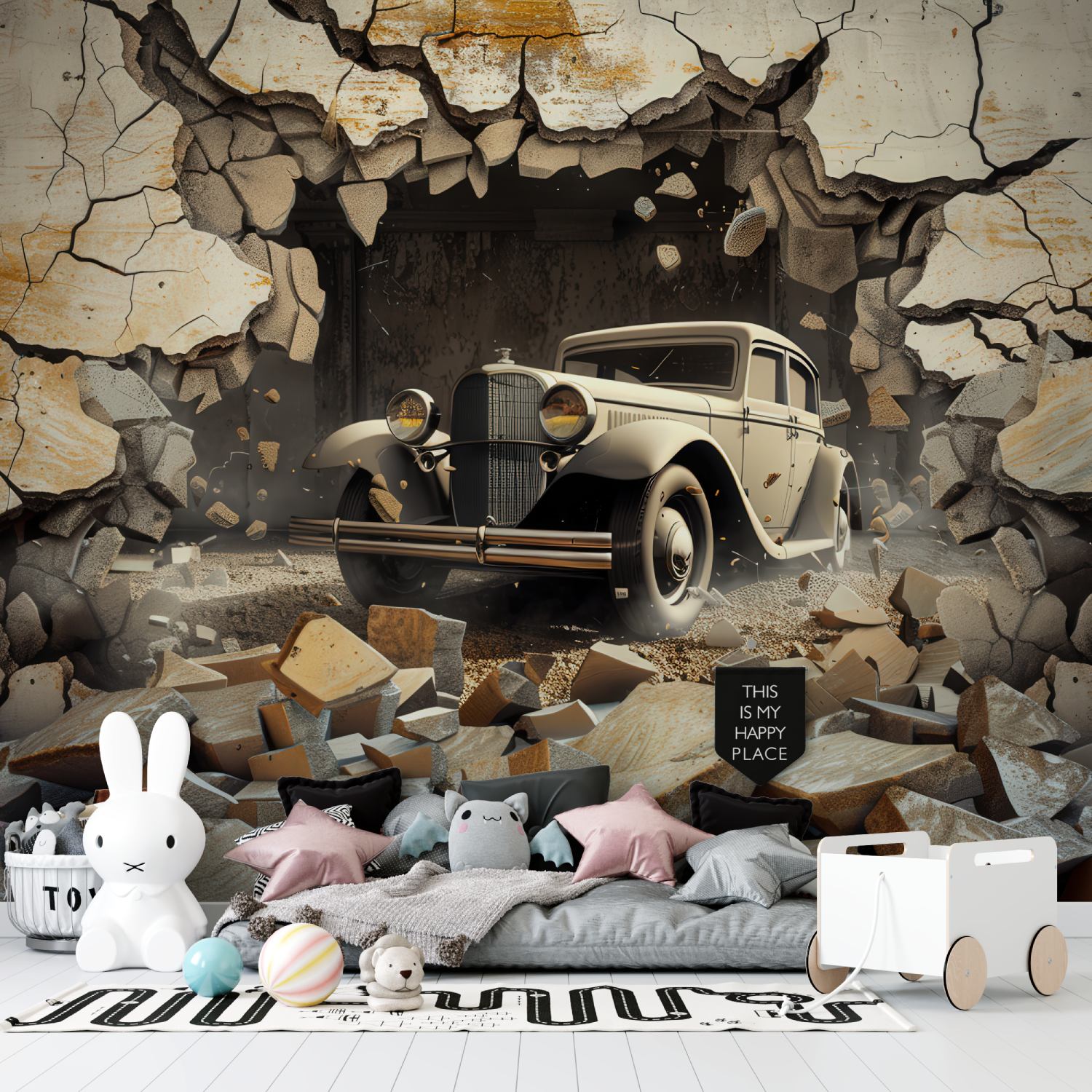 Papier peint trompe loeil voiture tapisserie garcon