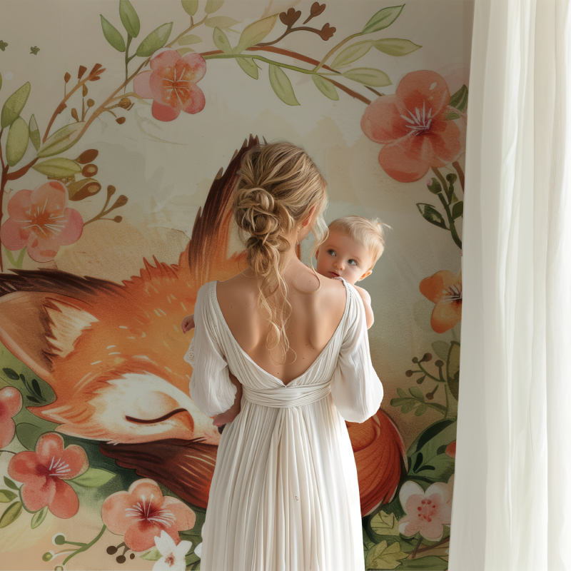 Papier peint renard couronne de fleurs bb123