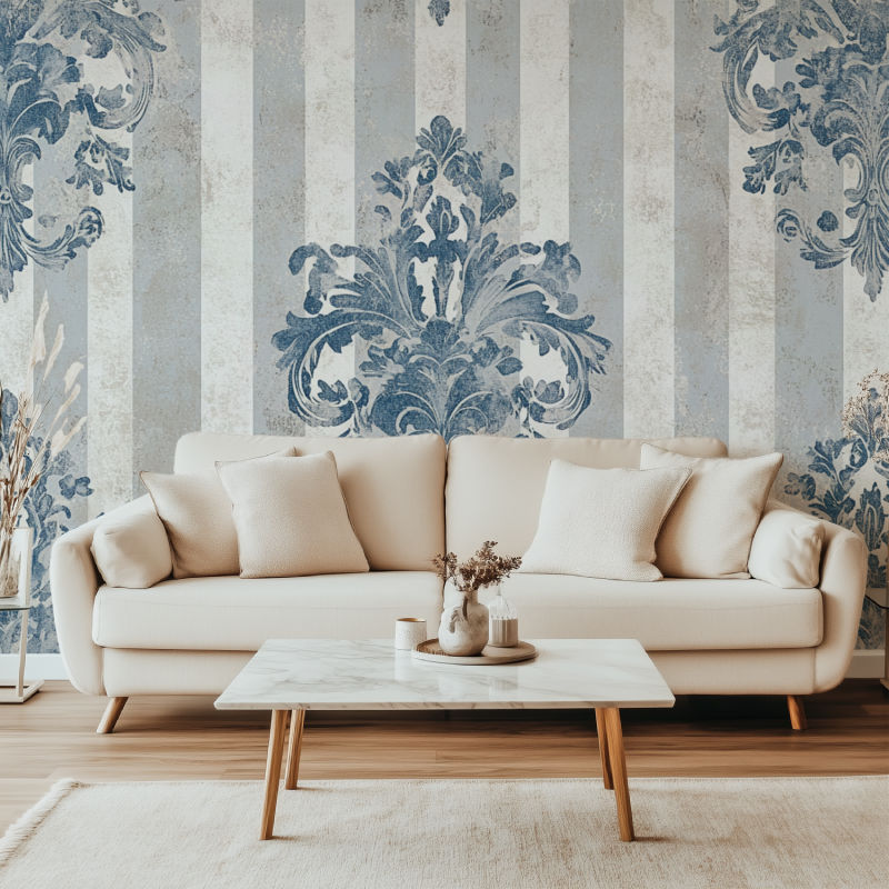 Papier peint vintage rayures gris bleu perle canape simple