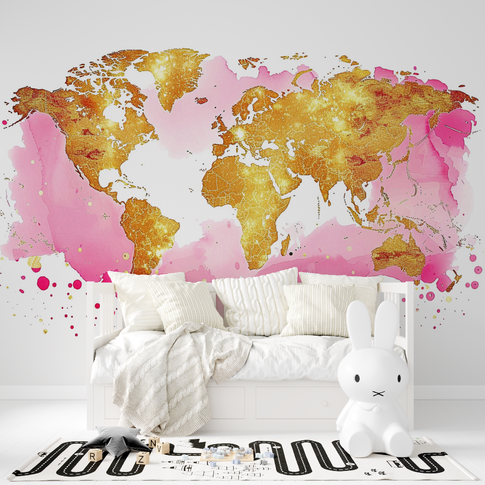 Papier peint carte du monde rose gold tapisserie fille