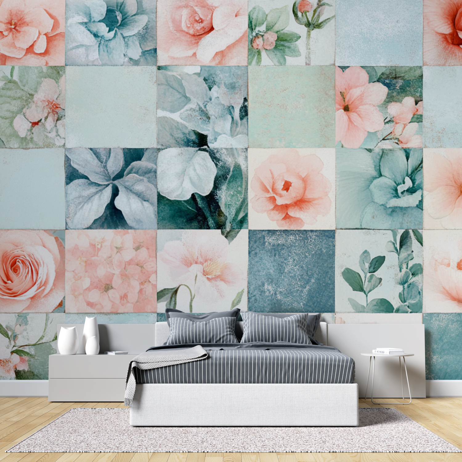 Papier peint fleur carreaux a coller tete de lit