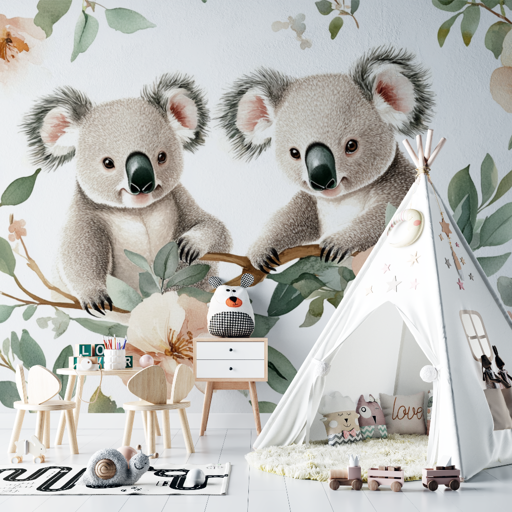 Papier peint koala dans un champ de fleurs chambre bebe