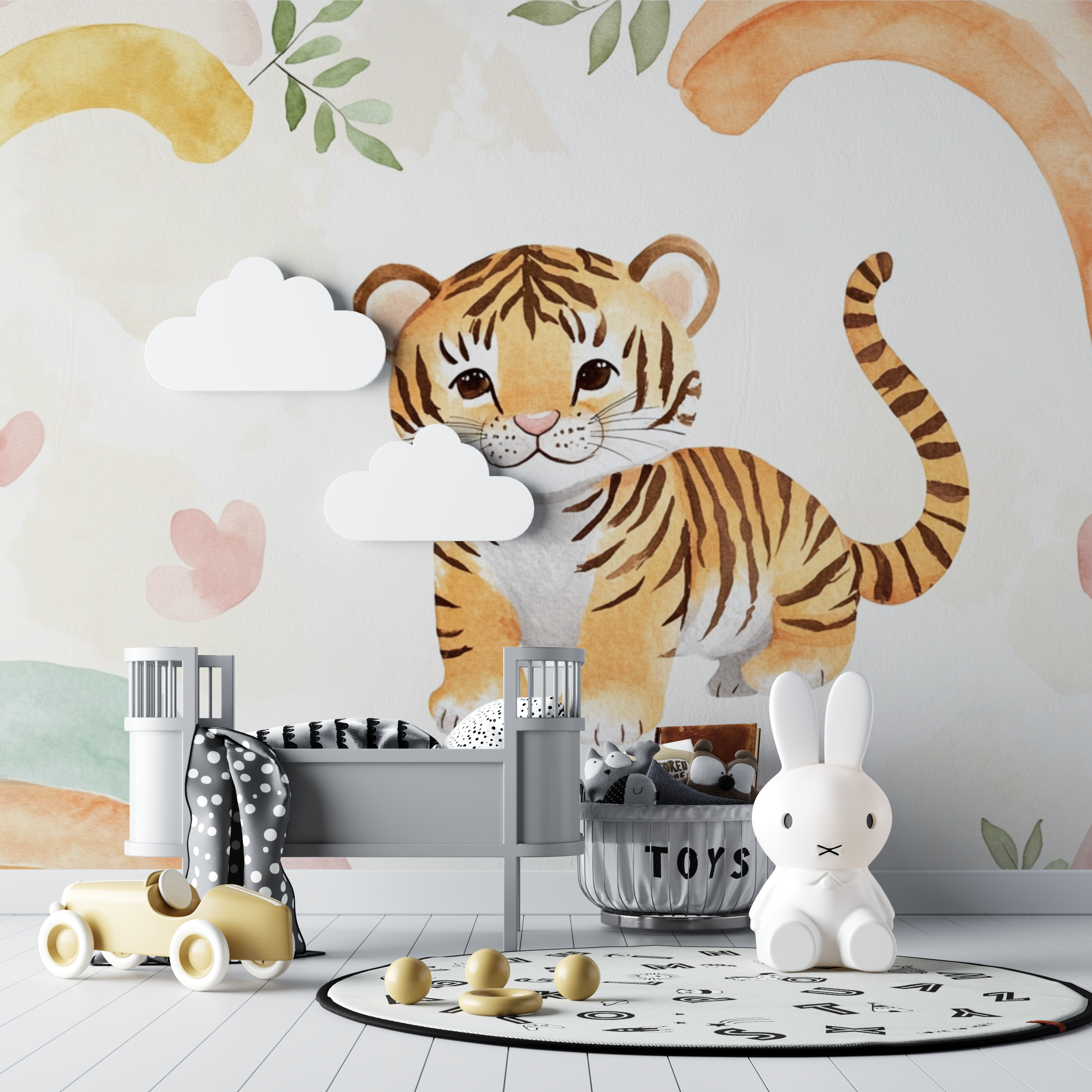 Papier peint tigre et arcs en ciel pastel bebe tipi