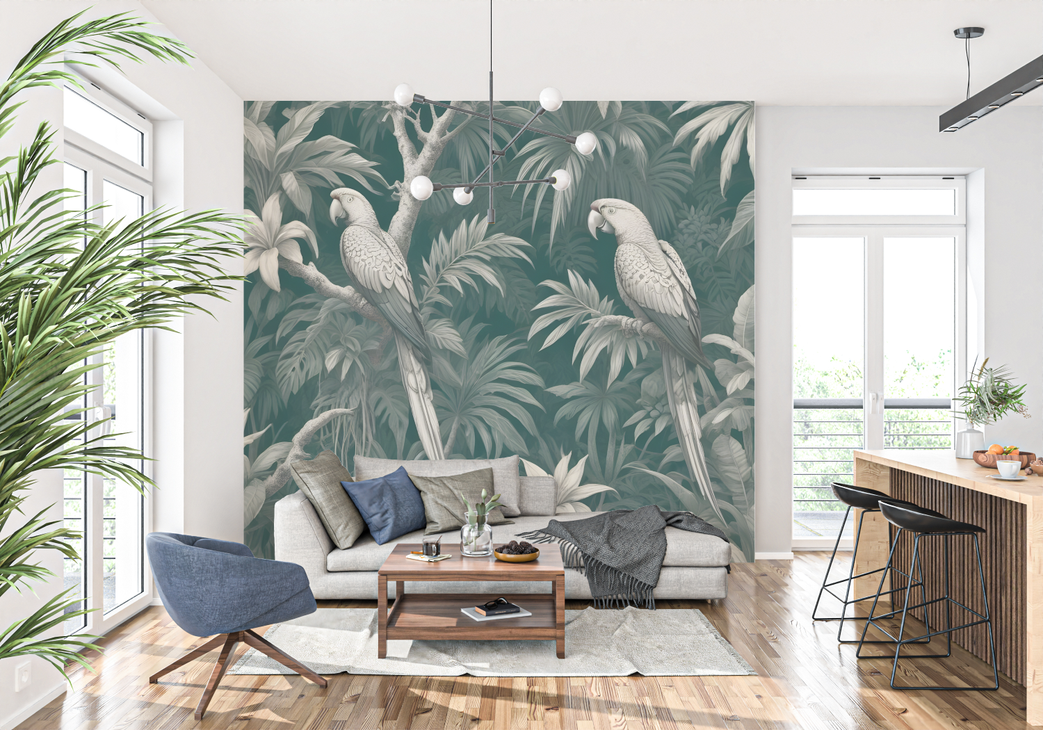 Papier Peint Toile De Jouy Exotique - trompe l'oeil