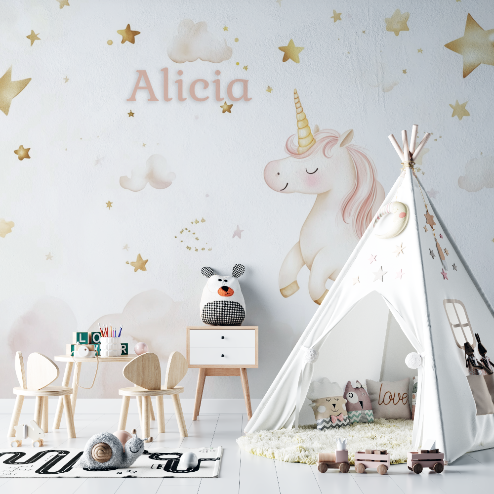 Papier peint prenom licorne chambre bebe
