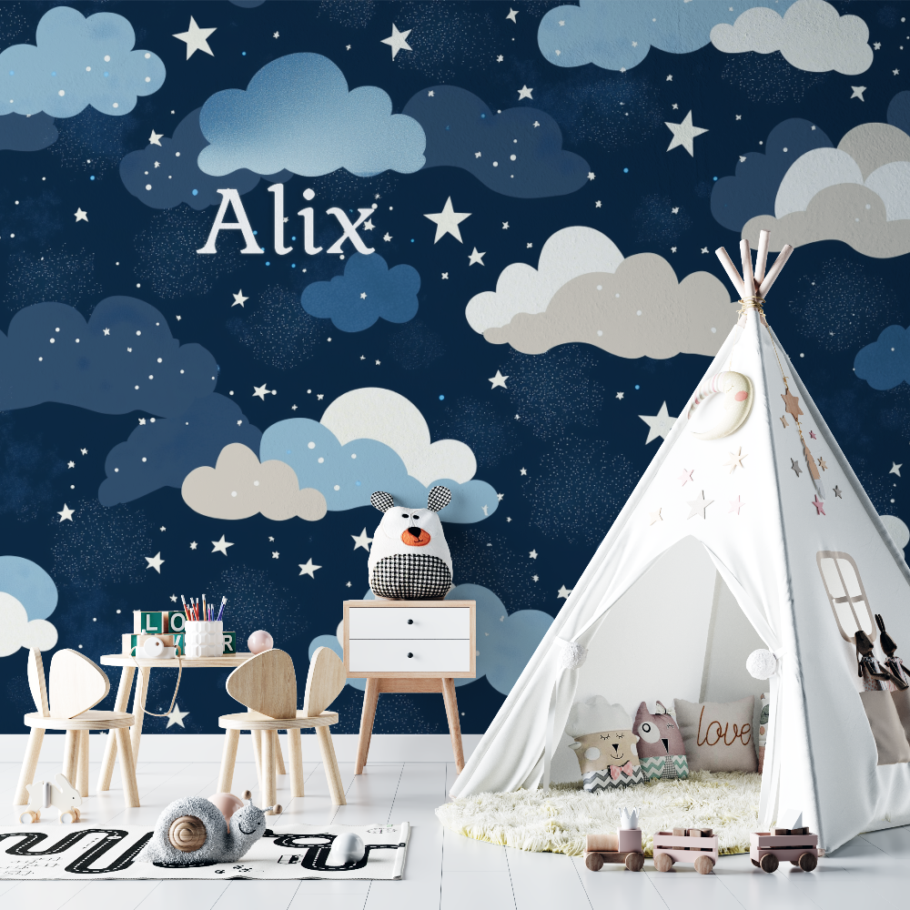 Papier peint prenom nuages nuit chambre bebe