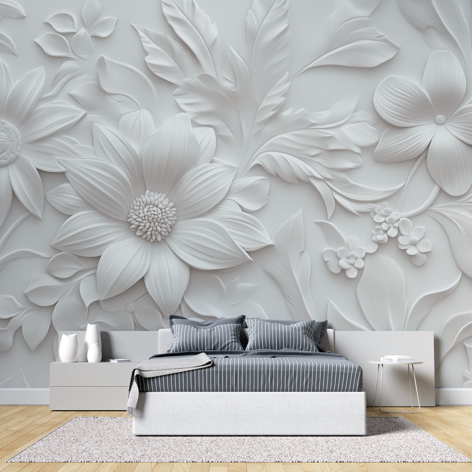 Big 3d white flowers mural wallpaper tete de lit