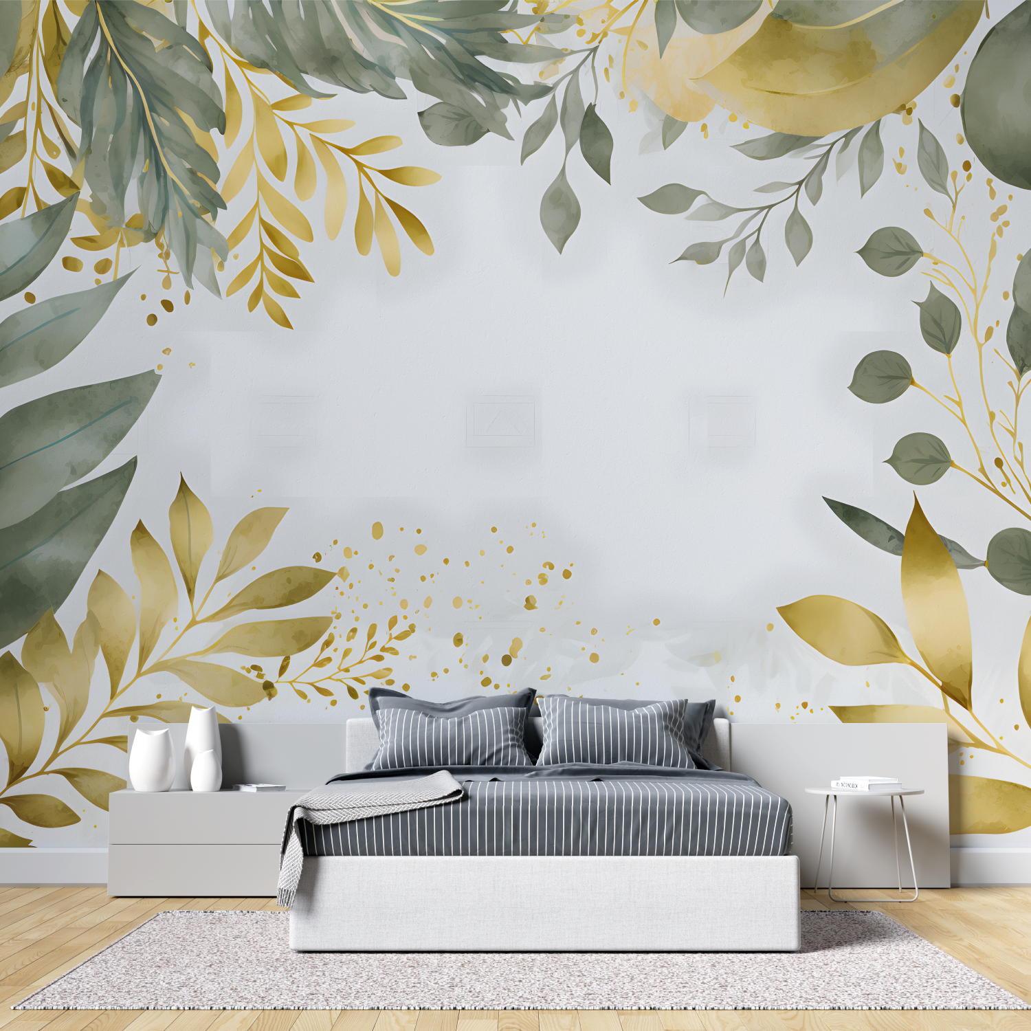 Papier Peint Feuillage Vert et Doré - tete de lit