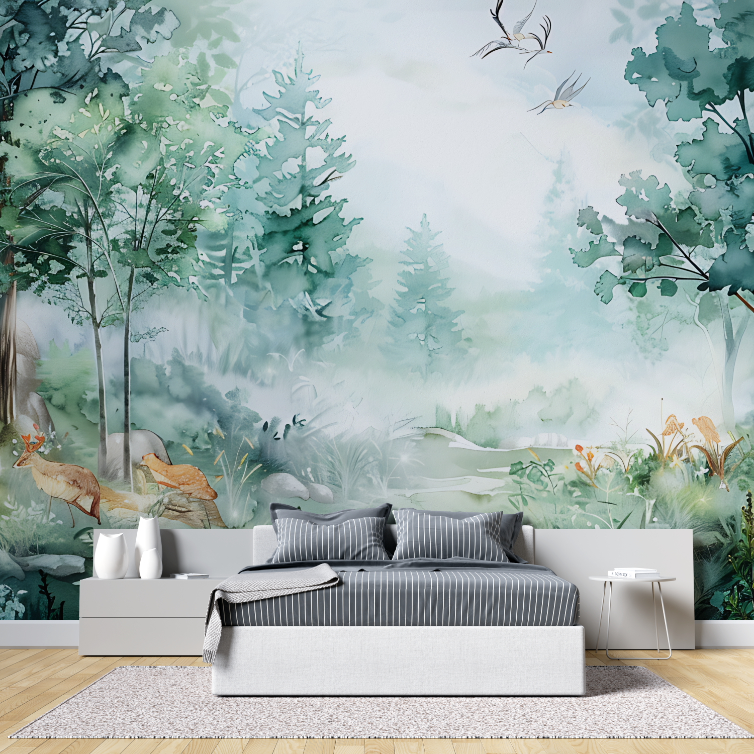 Papier peint aquarelle foret tete de lit