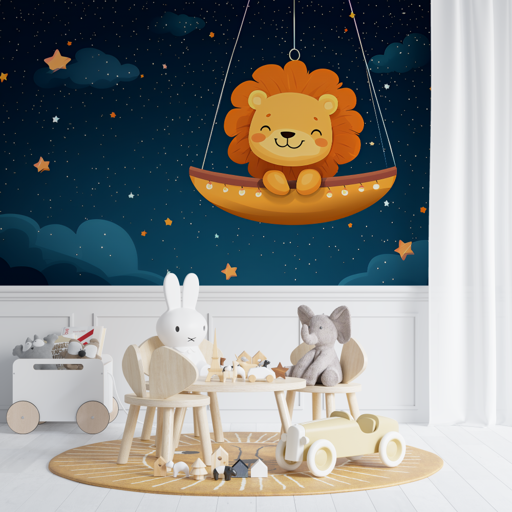Papier peint lion et etoiles dorees chambre de bebe