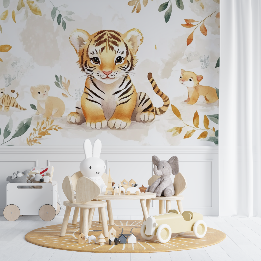 Papier peint tigre et animaux de la foret chambre de bebe