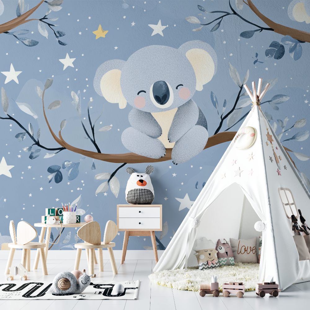 Papier peint koala et etoiles nacrees chambre bebe