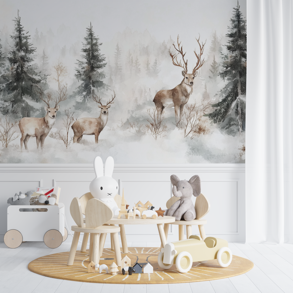 Papier peint cerf et foret blanche chambre de bebe