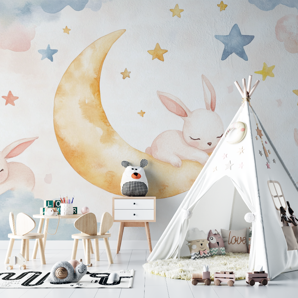 Papier peint animaux lapin et lune endormie chambre bebe