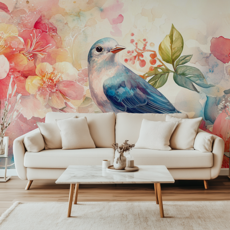 Papier peint fleur oiseau canape simple