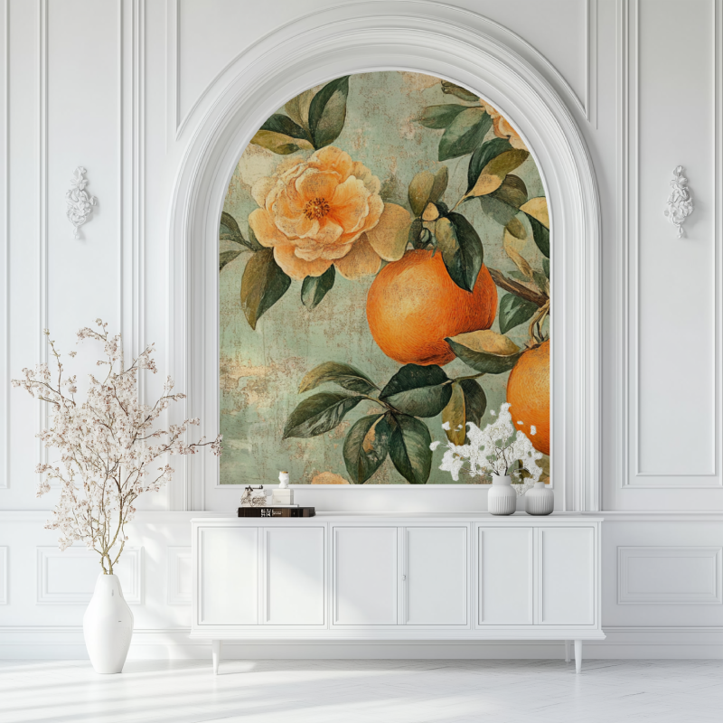 Papier peint vintage fleurs oranges salon blanc