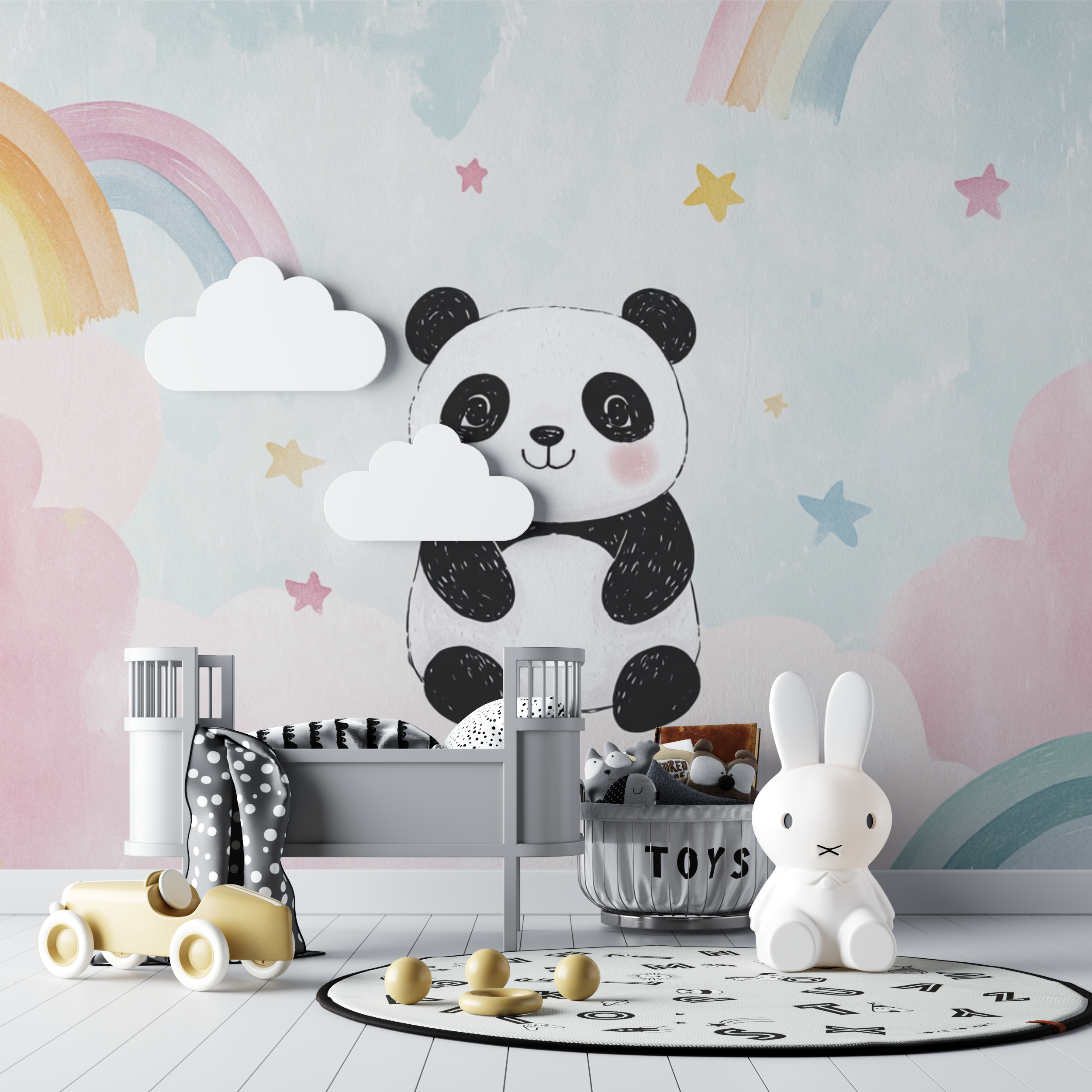Papier peint panda et arcs en ciel pastel bebe tipi