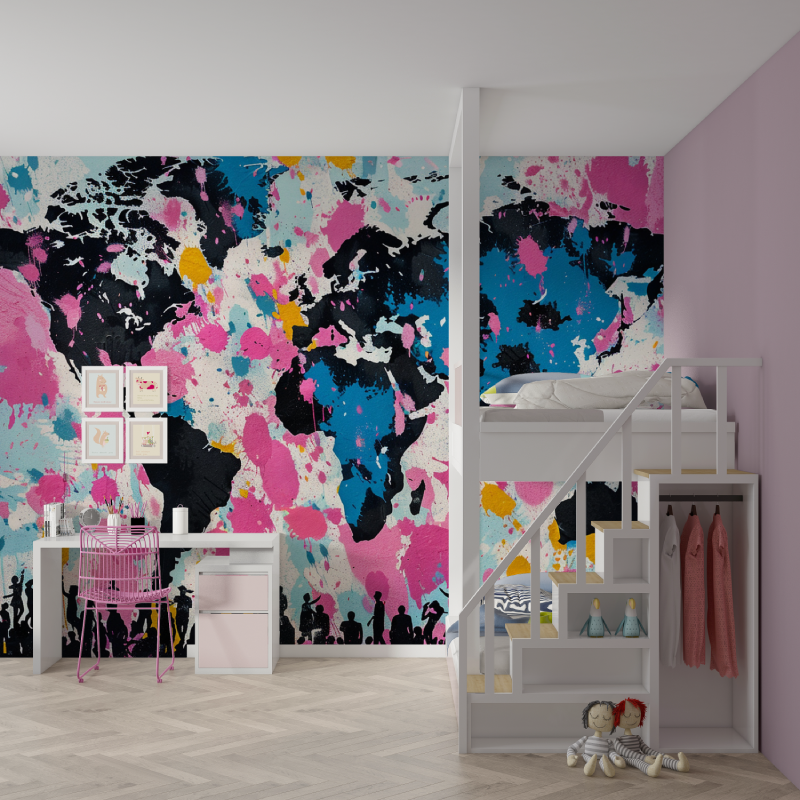 Papier peint carte du monde graffiti rose mur chambre fille