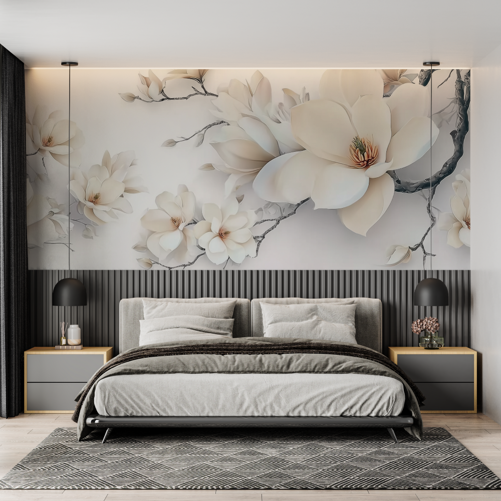 Big white tulip mural wallpaper chambre adulte tendance