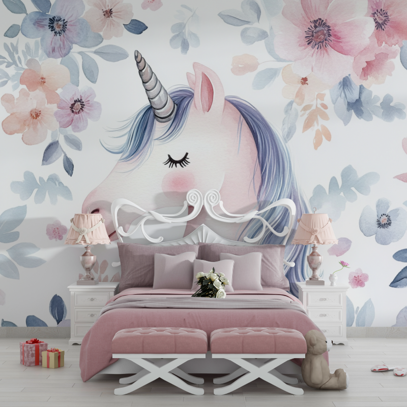 Papier peint tapisserie licorne...frise fleur chambre filles