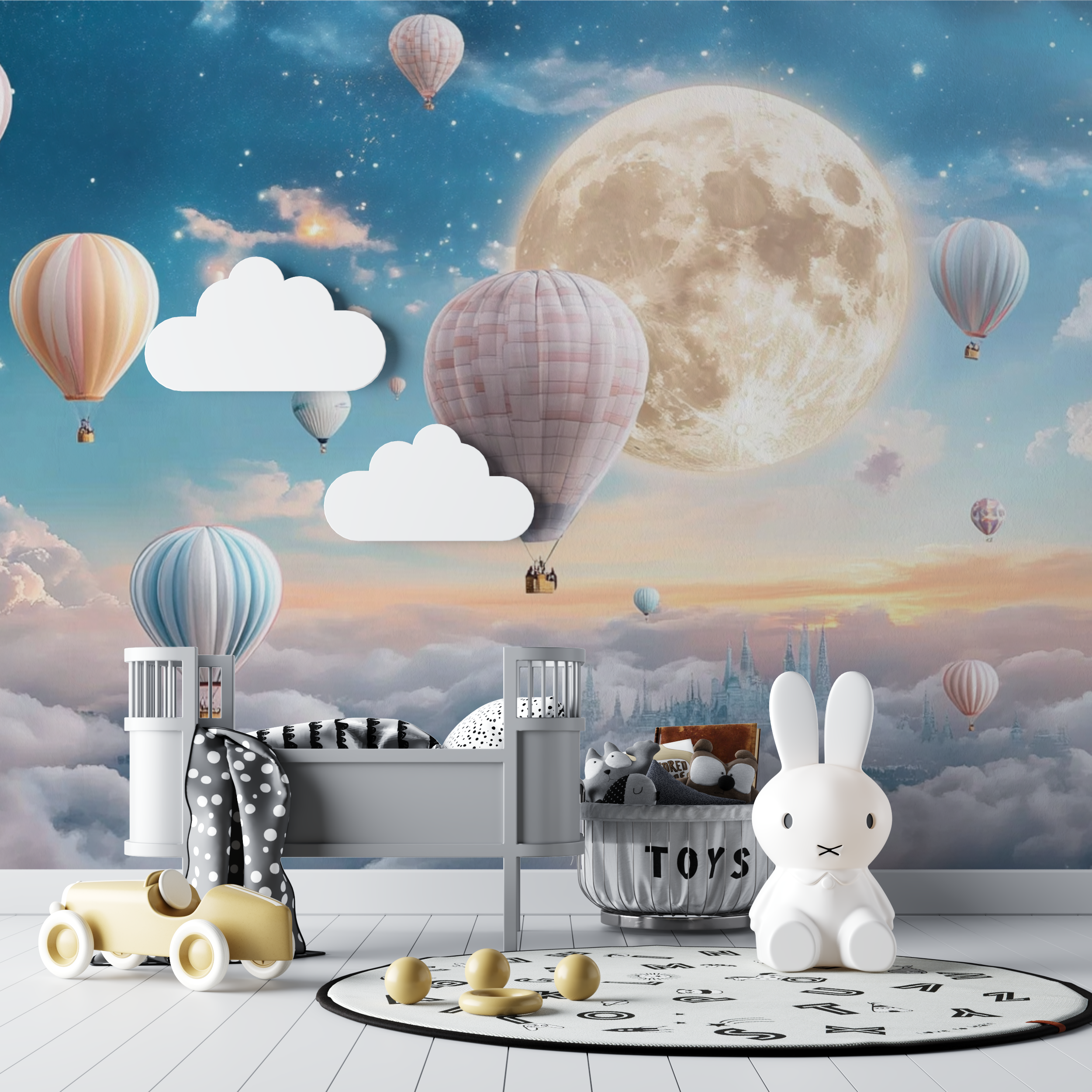 Papier peint montgolfiere et lune lumineuse bebe tipi