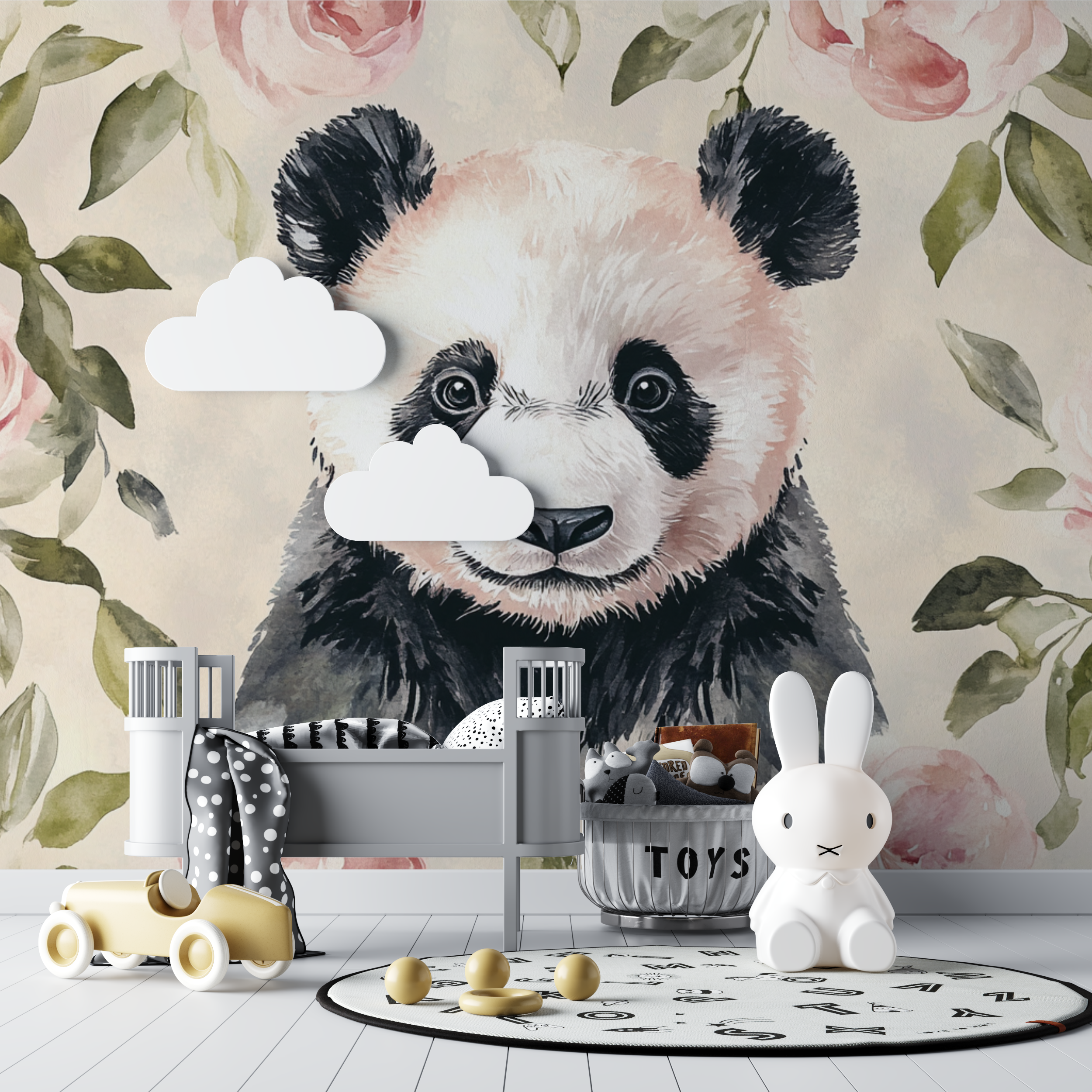Papier peint panda et ambiance vintage bebe tipi