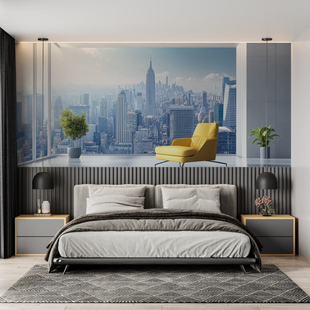 Papier peint trompe loeil ville chambre adulte tendance