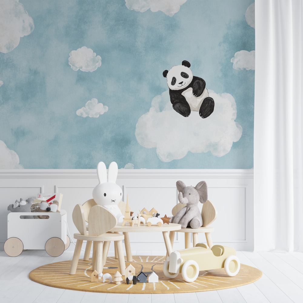 Papier peint panda et nuages chambre de bebe
